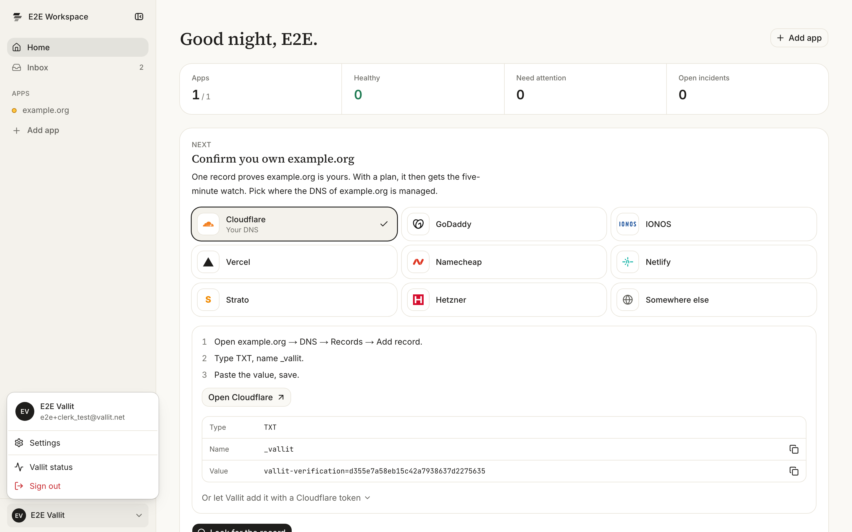 The account menu, open above the row with your name: Settings (1) and Sign out (2).