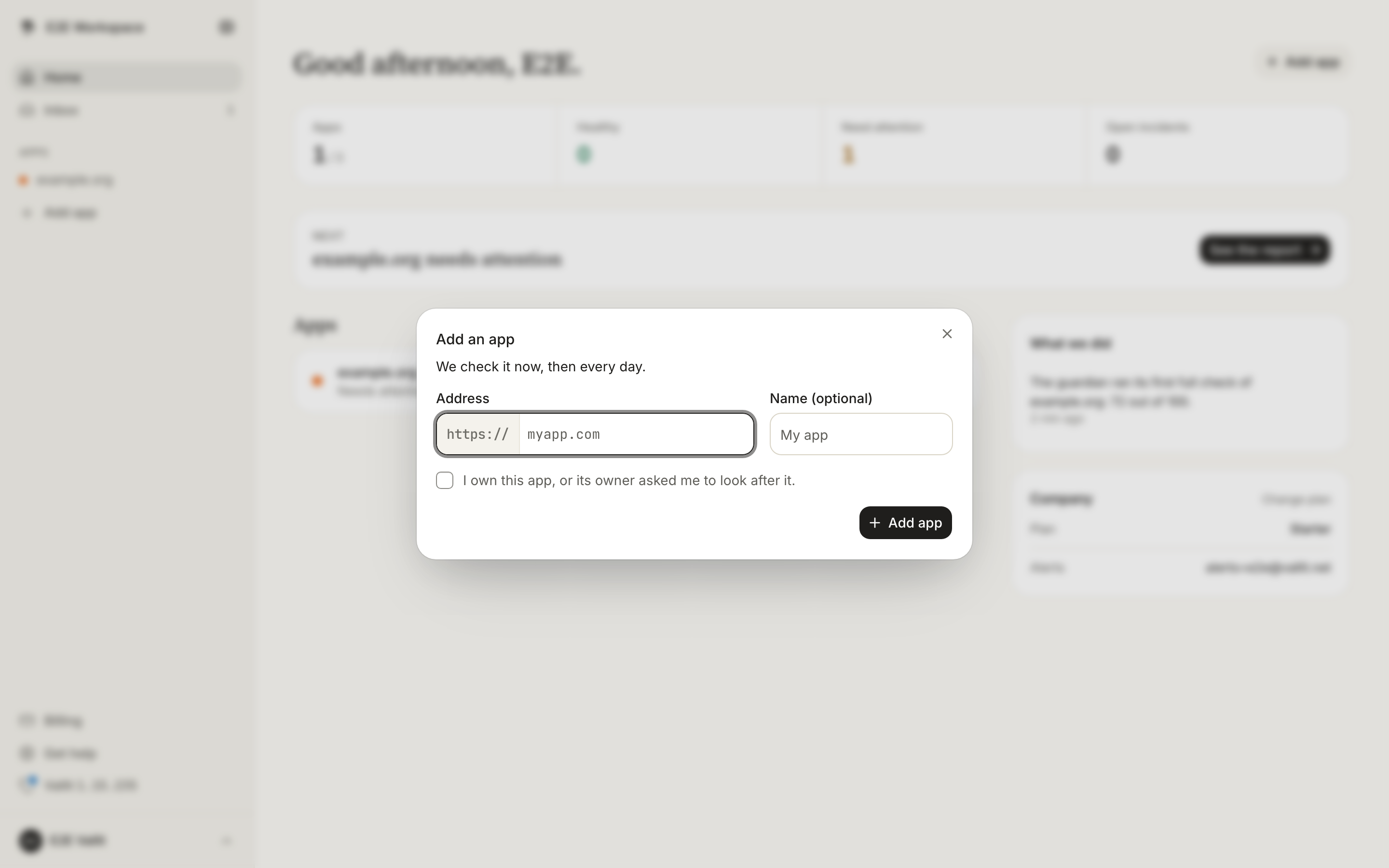 The Add an app dialog: the Address field with its fixed https:// part (2), the ownership box (3) and the Add app button (4).