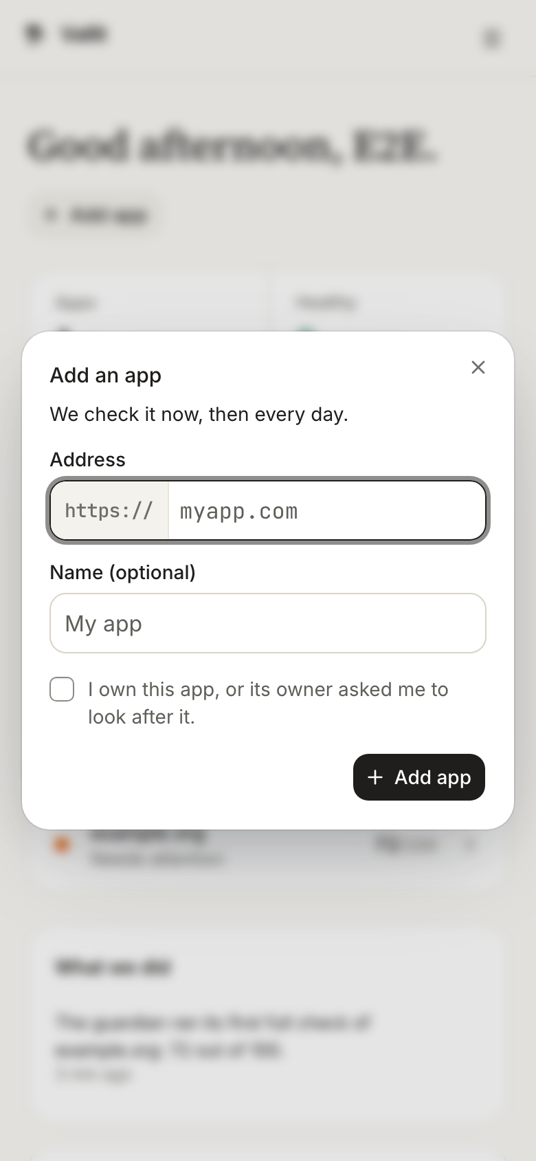 The Add an app dialog: the Address field with its fixed https:// part (2), the ownership box (3) and the Add app button (4). On a phone.
