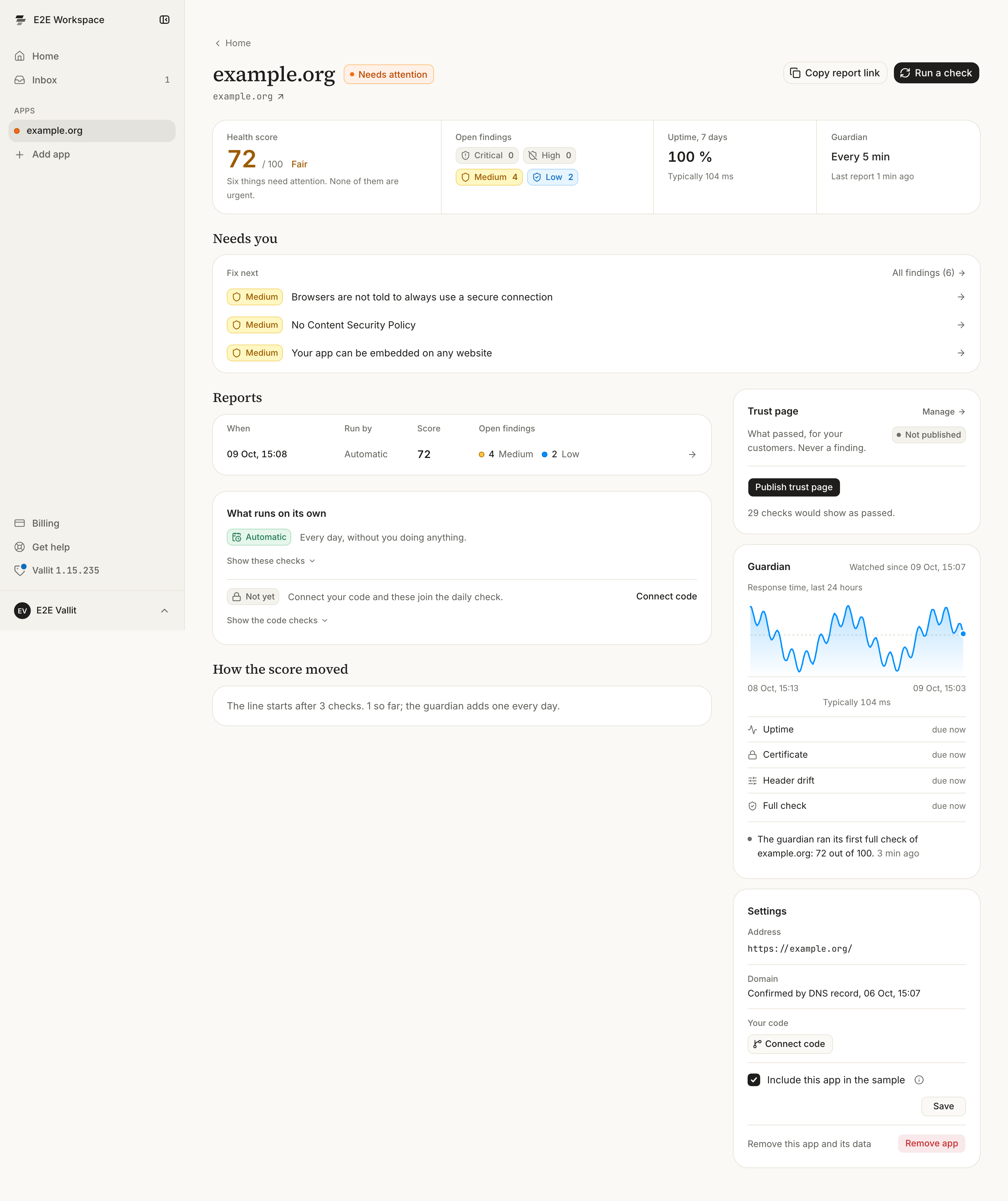 An app's page: the Run a check button (6), the band with the score (7), Needs you (8), the Reports table (9), How the score moved (10) and the Trust page card (11).
