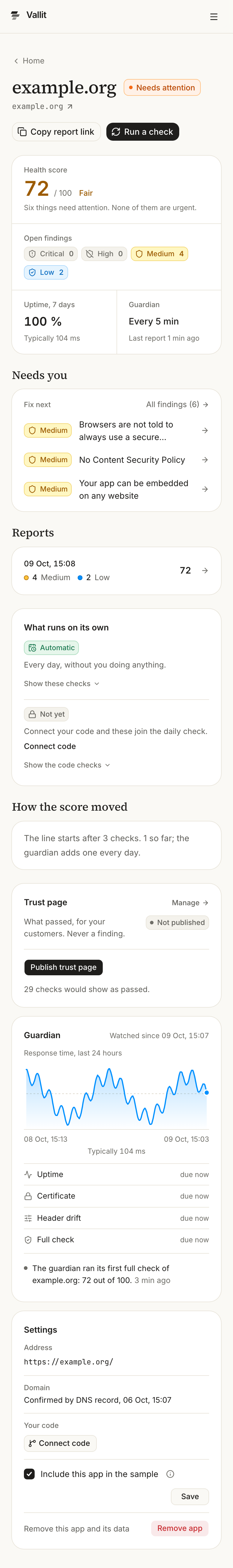 An app's page: the Run a check button (6), the band with the score (7), Needs you (8), the Reports table (9), How the score moved (10) and the Trust page card (11). On a phone.