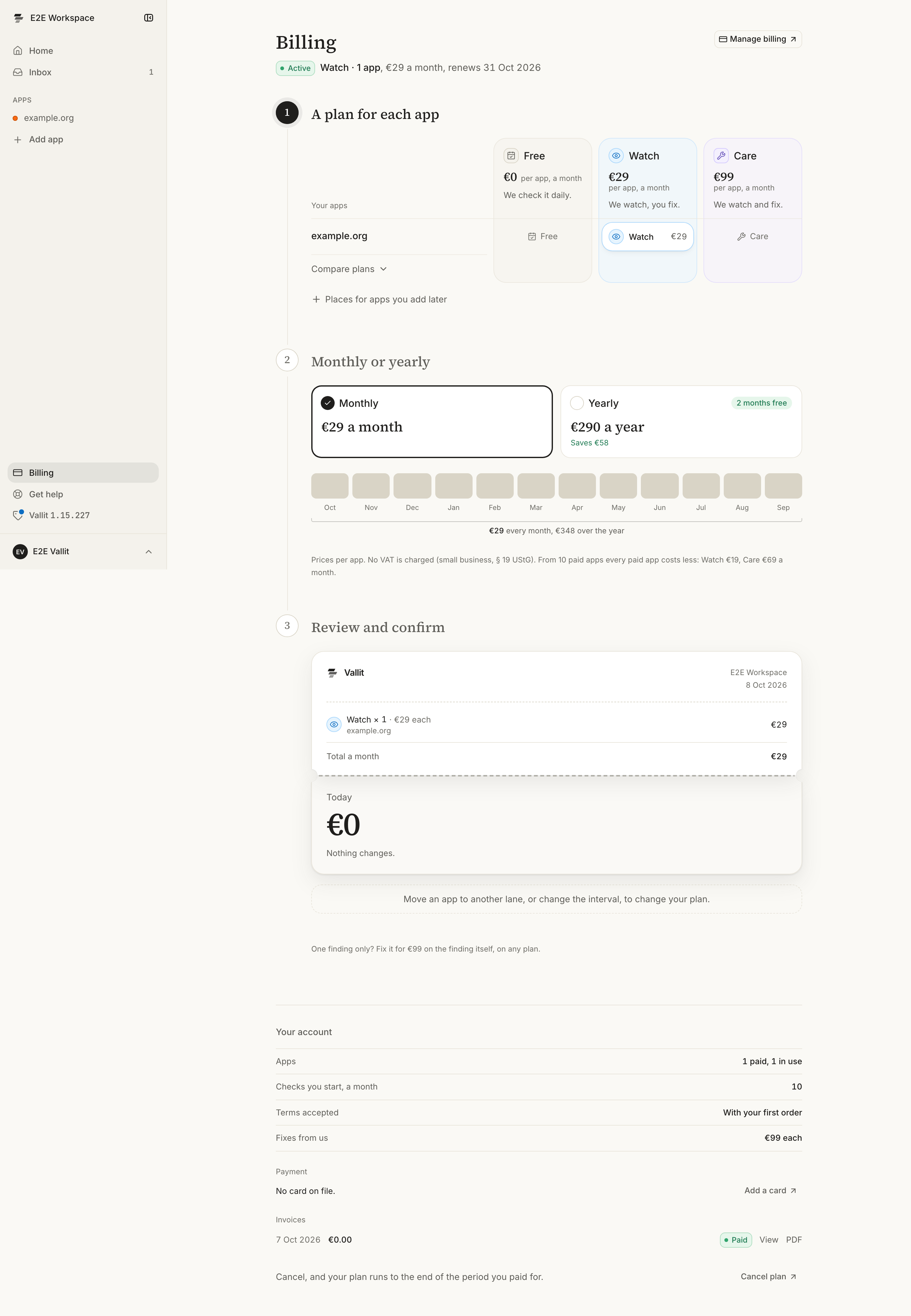 The Billing page of a company with one app on Care, one on Watch and one on Free: the plan's state, apps and renewal date under the title (1), the apps in the Free, Watch and Care lanes (2), Compare plans under the apps (3), monthly or yearly with twelve months below (4), the receipt with what is charged today (5), and your apps, checks, the Terms you accepted and fixes under Your account (6).