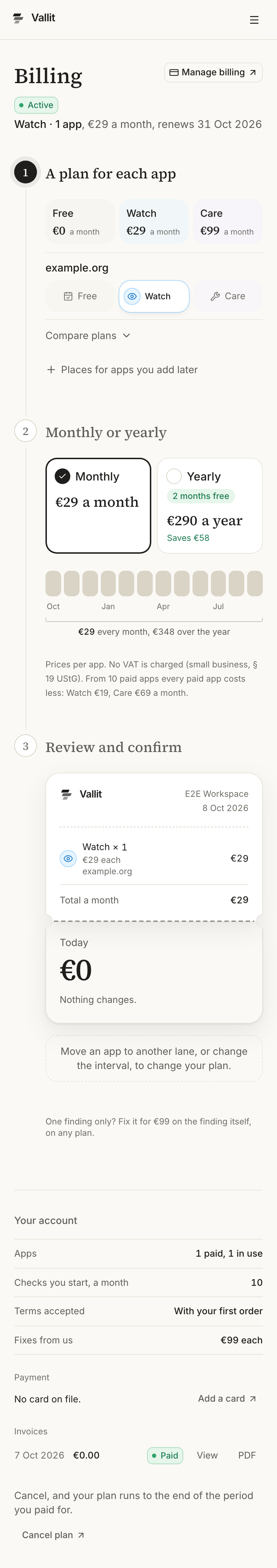 The Billing page of a company with one app on Care, one on Watch and one on Free: the plan's state, apps and renewal date under the title (1), the apps in the Free, Watch and Care lanes (2), Compare plans under the apps (3), monthly or yearly with twelve months below (4), the receipt with what is charged today (5), and your apps, checks, the Terms you accepted and fixes under Your account (6). On a phone.