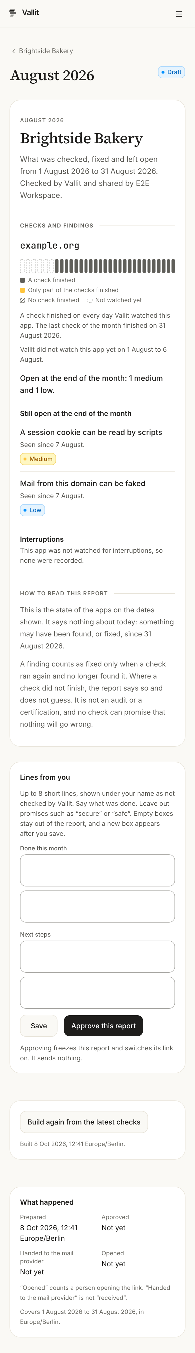 A draft: the lines you add (5) and the Approve this report button (6) beside the report. On a phone.