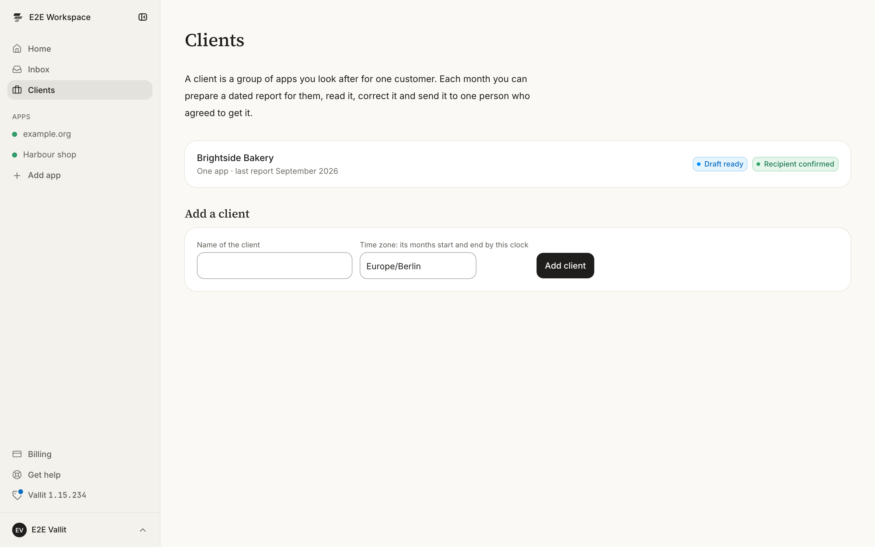 The Clients page with the list ringed: each client with its number of apps, whether a draft waits and the state of its recipient.