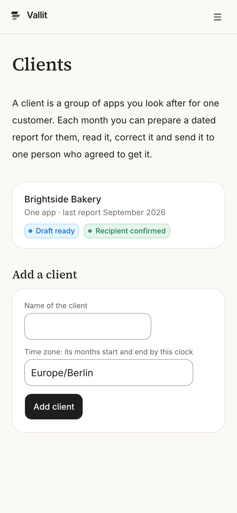 The Clients page with the list ringed: each client with its number of apps, whether a draft waits and the state of its recipient. On a phone.