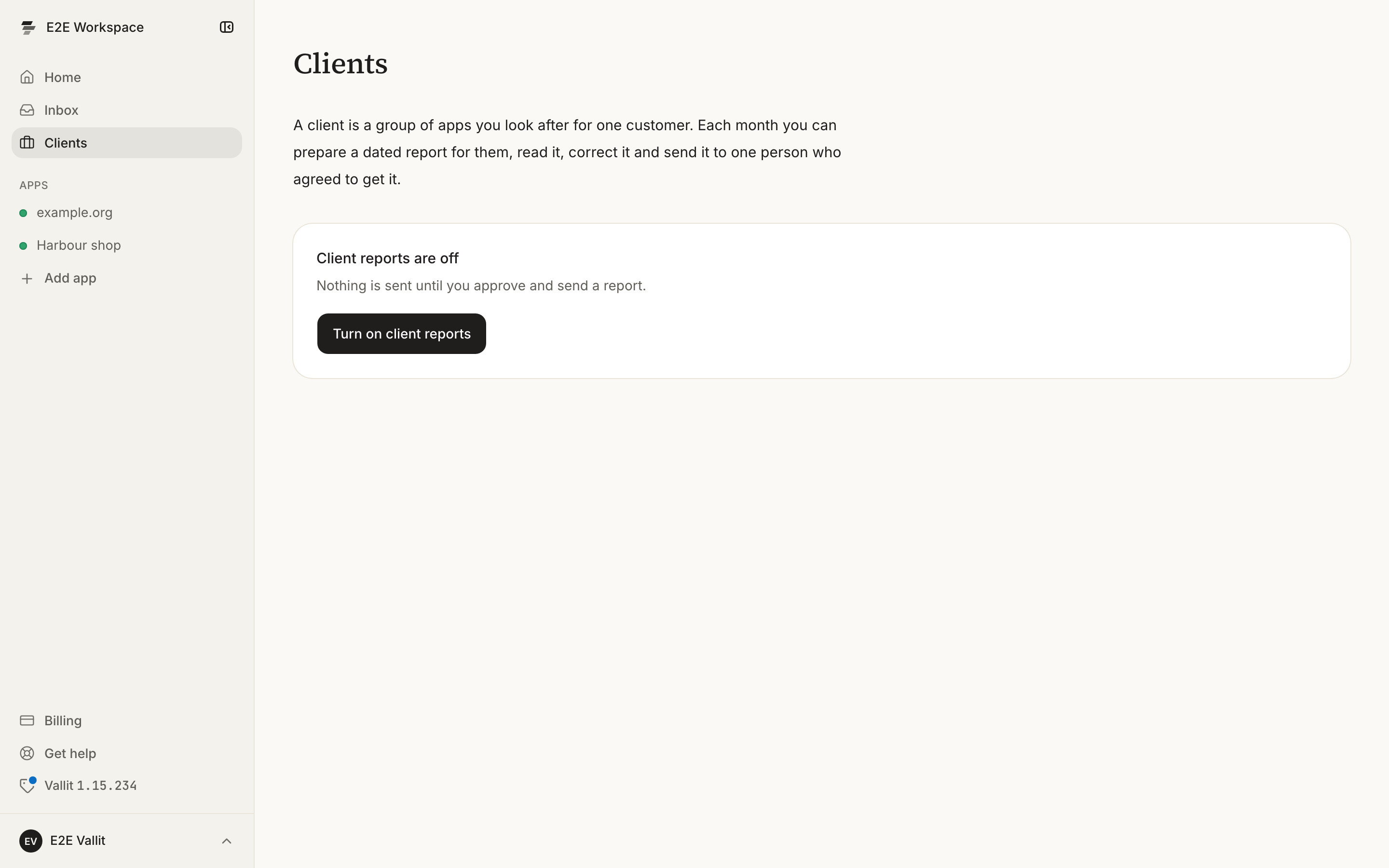 The Clients page while client reports are off, with the Turn on client reports button ringed.