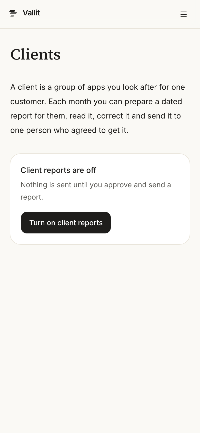 The Clients page while client reports are off, with the Turn on client reports button ringed. On a phone.