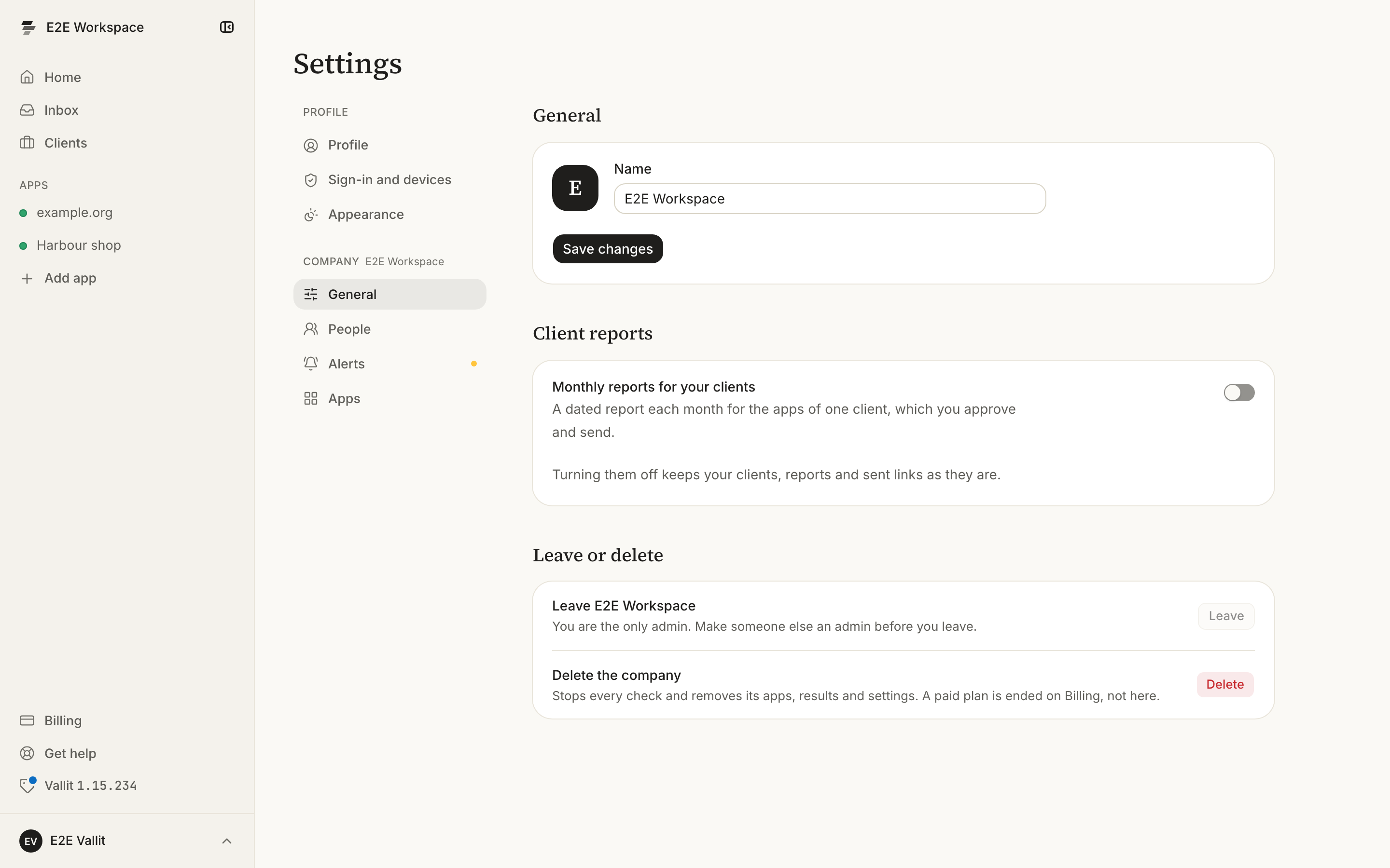 The Company settings: the list of sections beside the page, General, People, Alerts and Apps (ringed), with the company's name and the Leave or delete section on the page.