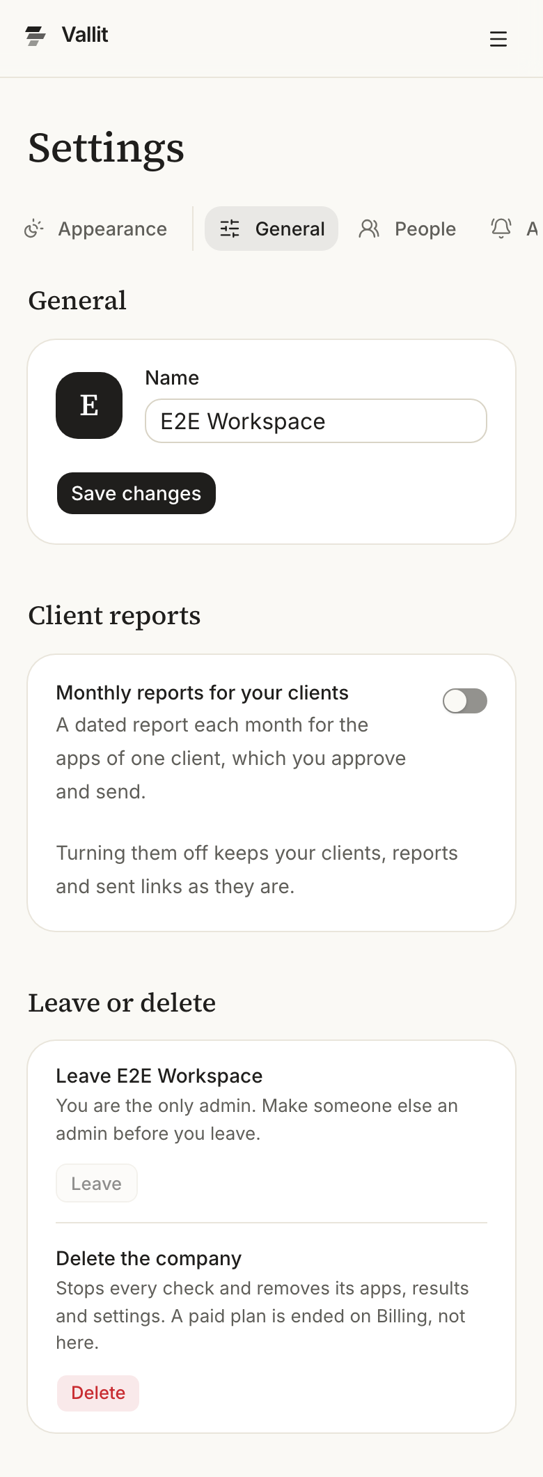 The Company settings: the list of sections beside the page, General, People, Alerts and Apps (ringed), with the company's name and the Leave or delete section on the page. On a phone.