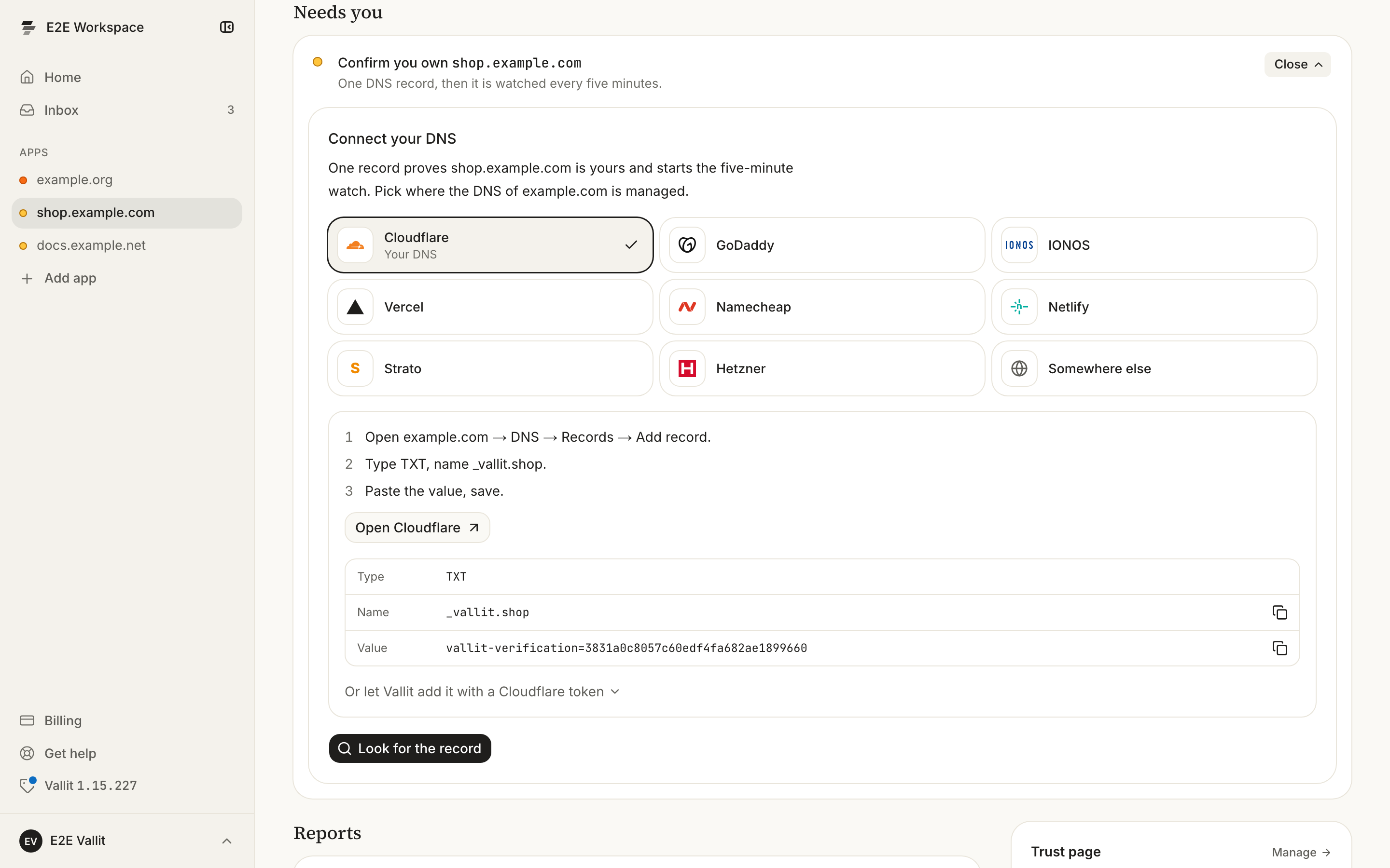 An app's page with the Confirm you own example.org row open under Needs you, and the Connect your DNS panel below it ringed.