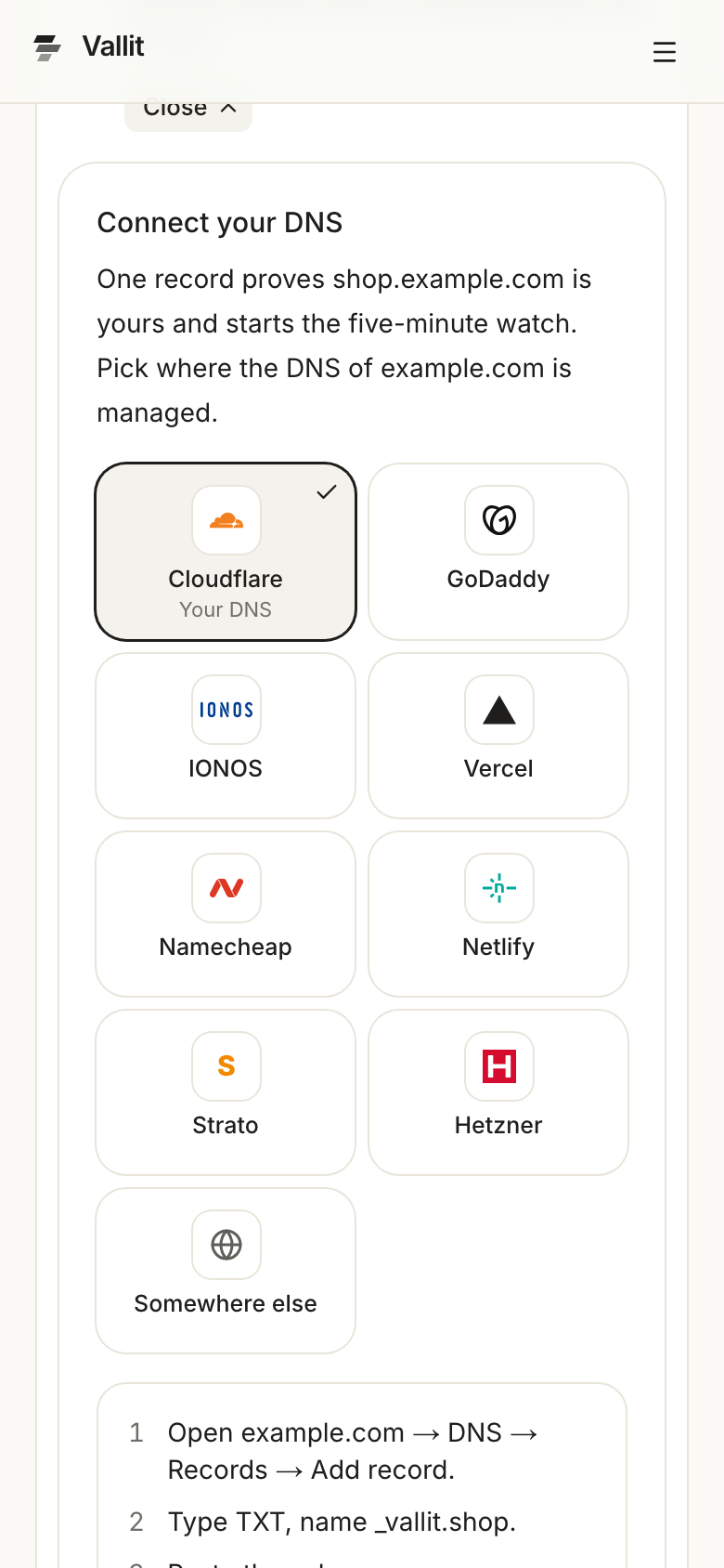 An app's page with the Confirm you own example.org row open under Needs you, and the Connect your DNS panel below it ringed. On a phone.