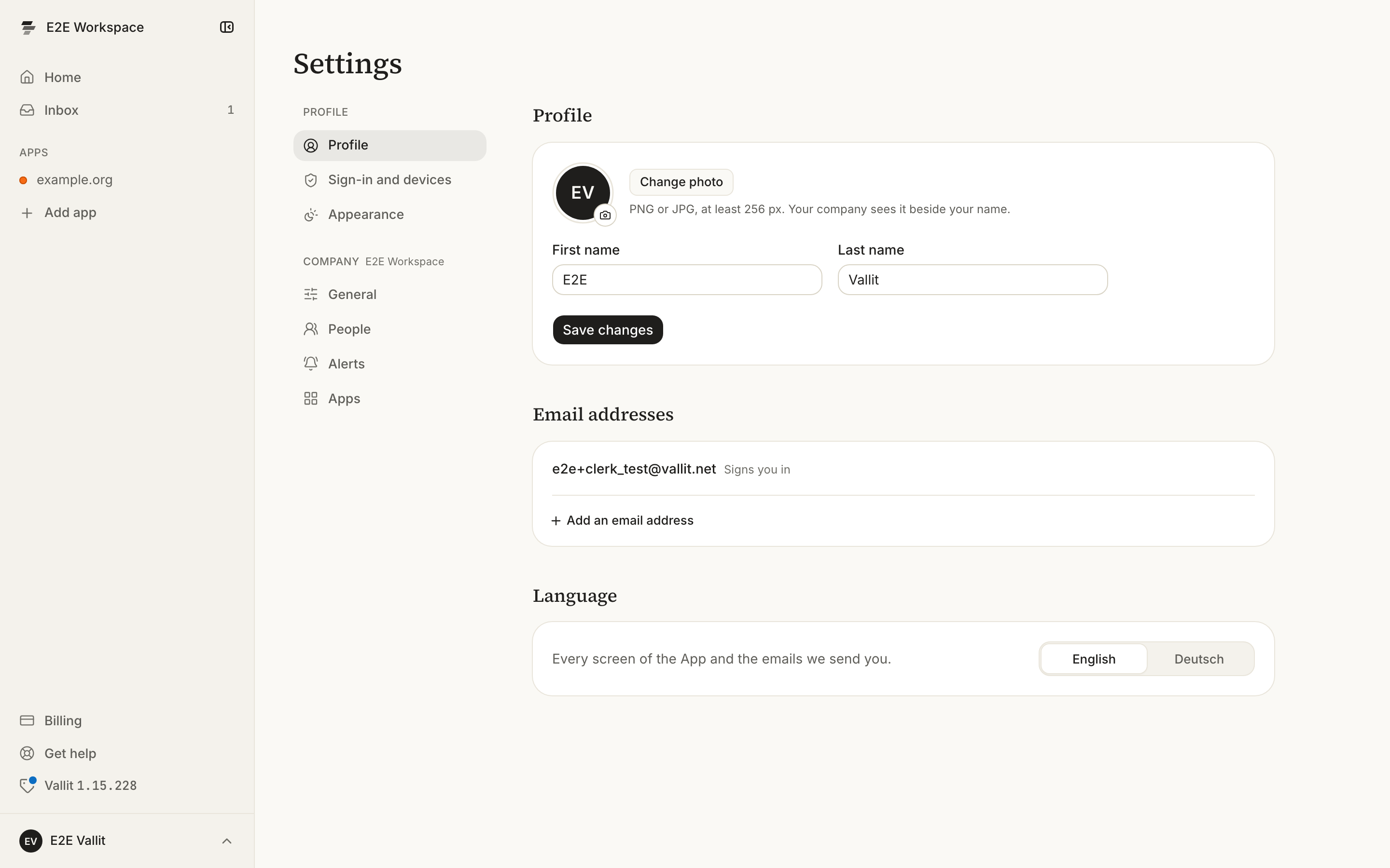 The Profile page: your photo and name under Profile (2) and the Add an email address button under Email addresses (4).
