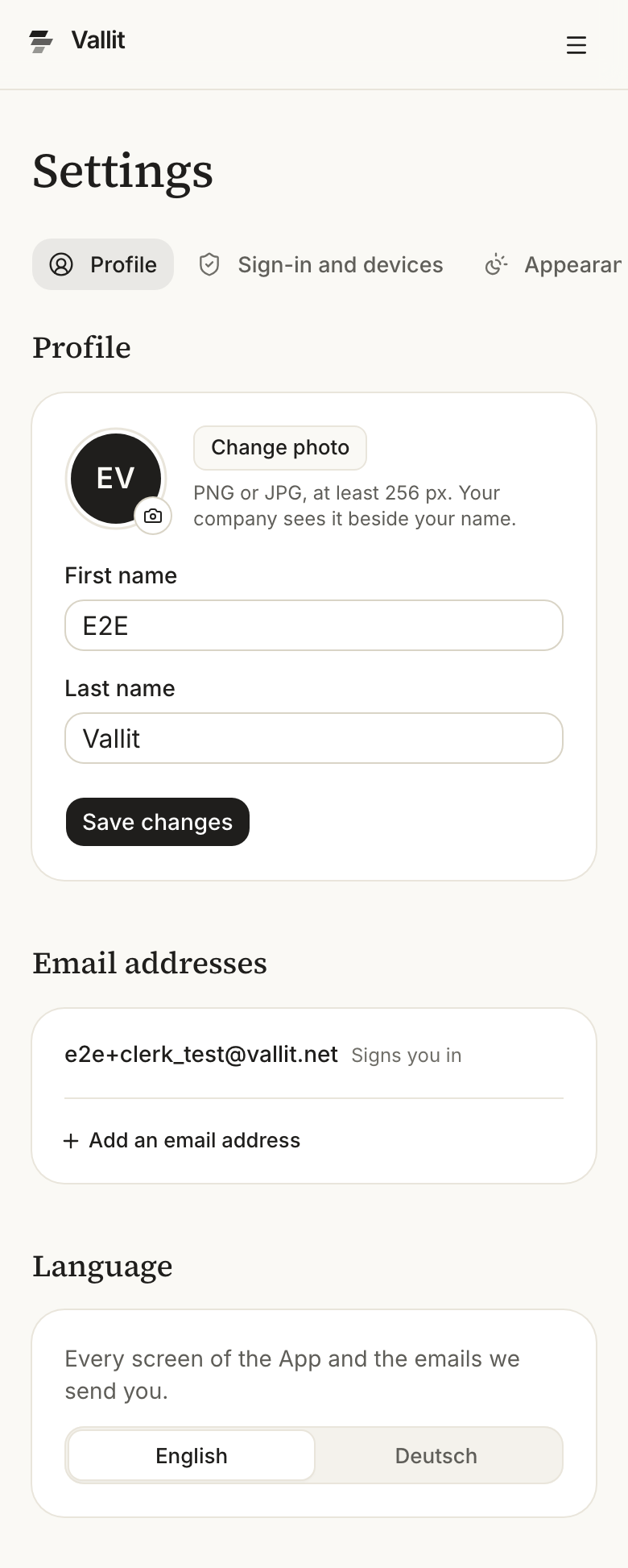 The Profile page: your photo and name under Profile (2) and the Add an email address button under Email addresses (4). On a phone.