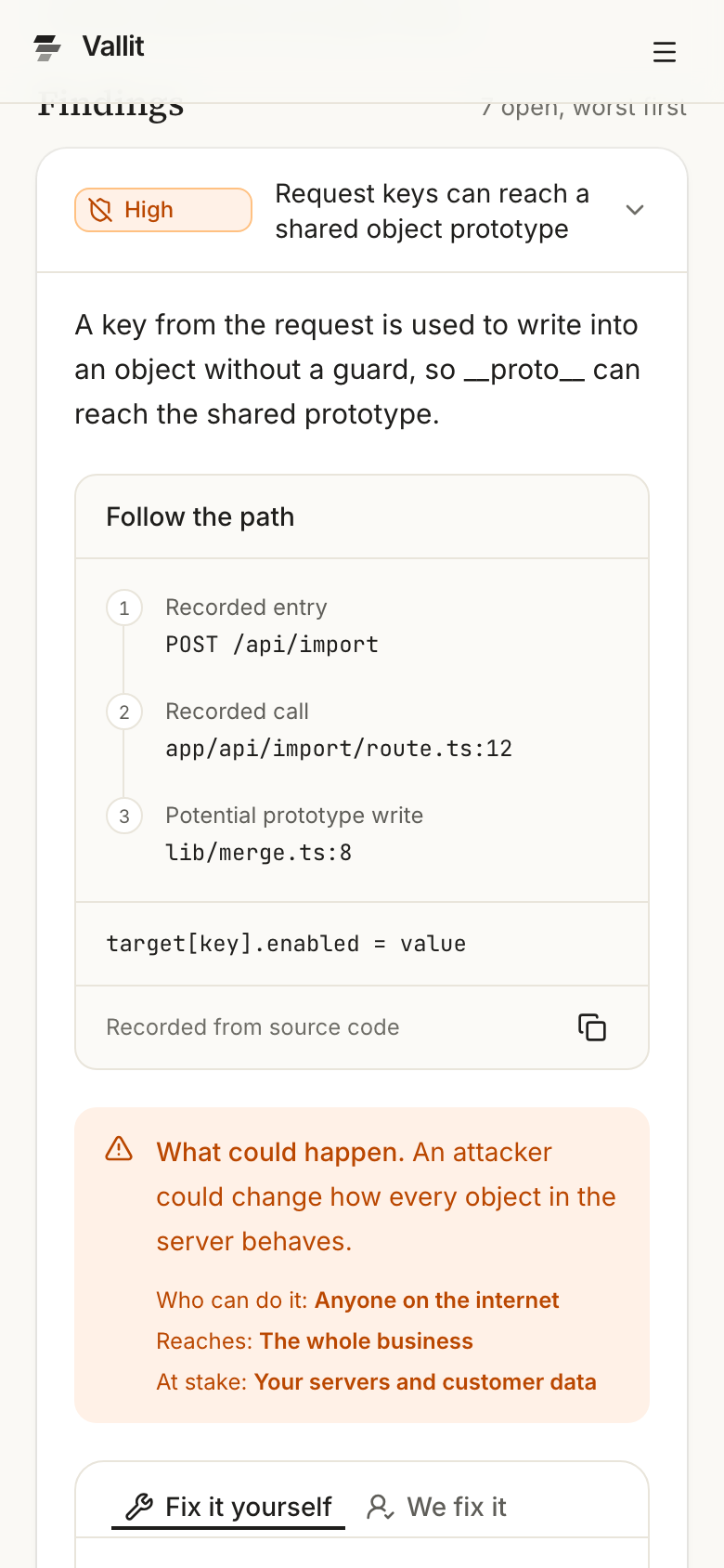 An open code finding with its recorded path (5) and Copy location button (6). On a phone.