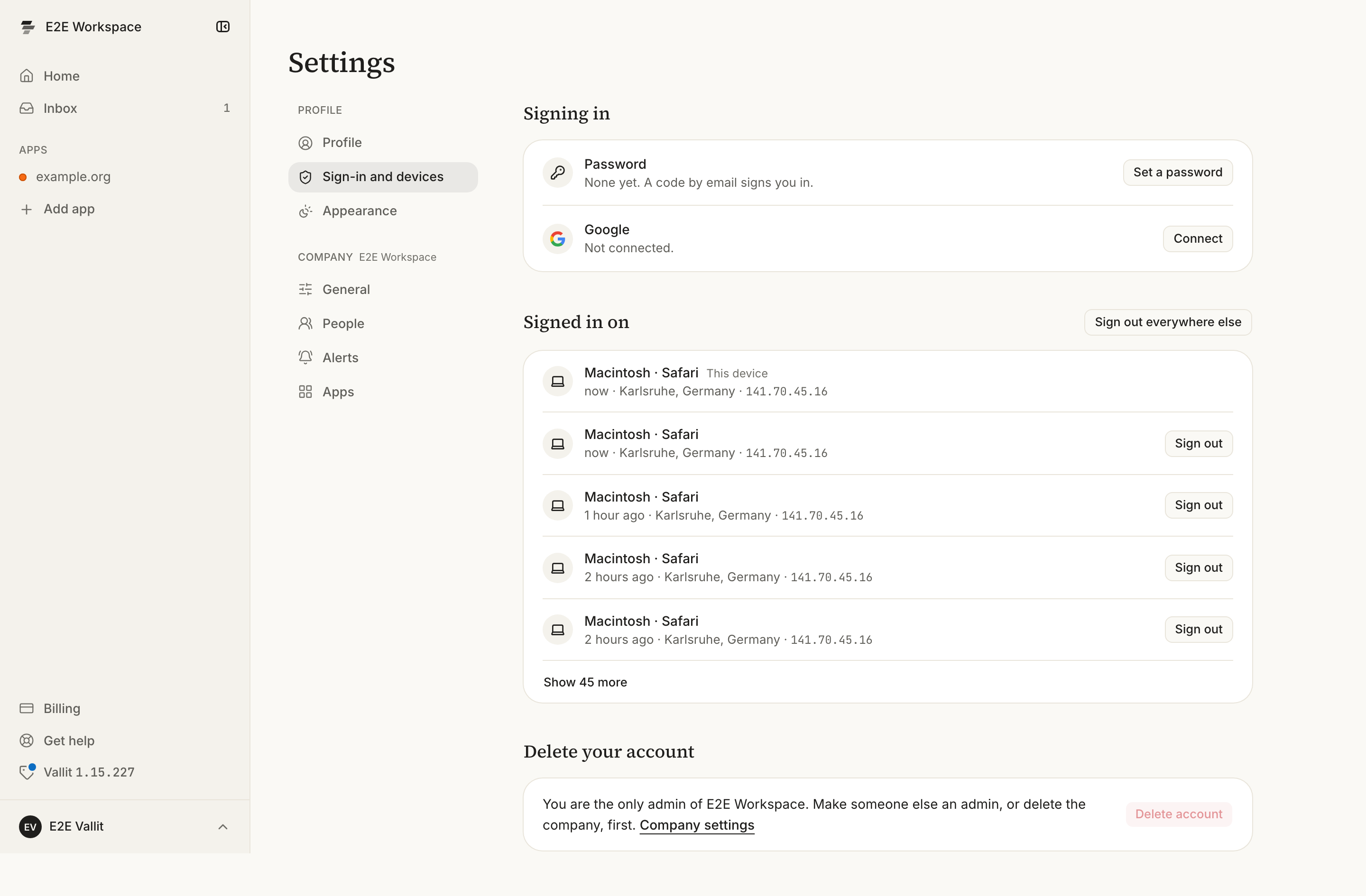 The Sign-in and devices page: Signing in with the password row (6), Signed in on with your devices (7) and the Delete account button (9).