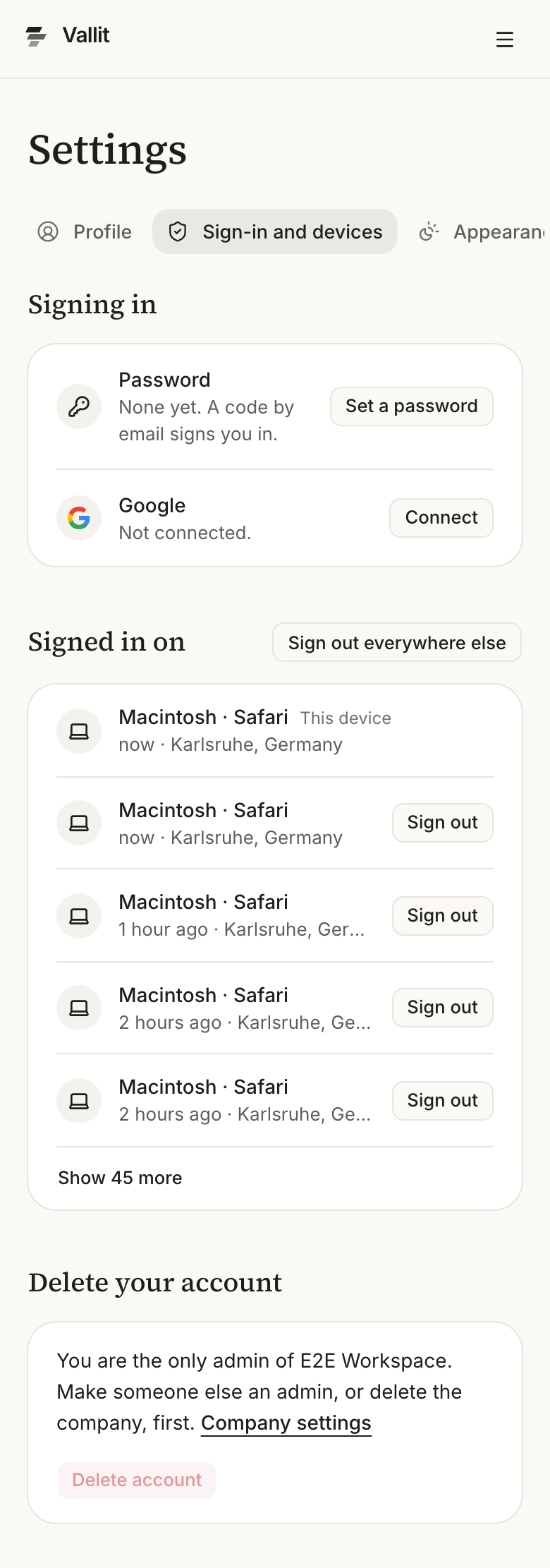 The Sign-in and devices page: Signing in with the password row (6), Signed in on with your devices (7) and the Delete account button (9). On a phone.