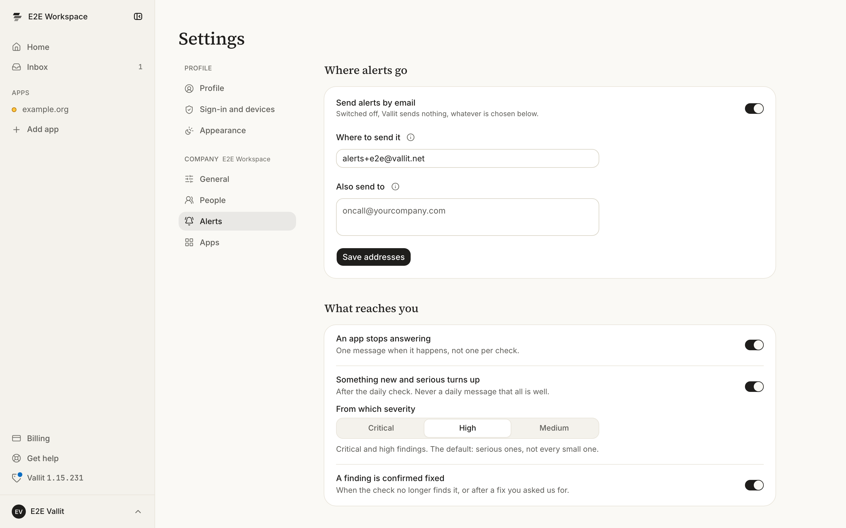 The Alerts section of the company settings with the Where alerts go card ringed: the Send alerts by email switch, the address fields and Save addresses. The What reaches you card with its three switches follows it.