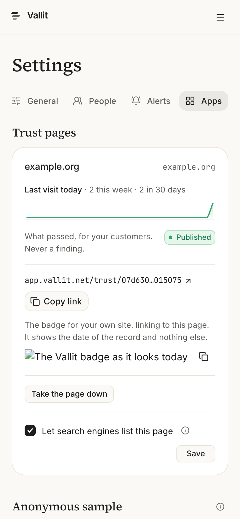 The Apps section of the company settings with the Trust pages section ringed: the app's visits, its Published pill, the link, the badge and the search engine setting. On a phone.