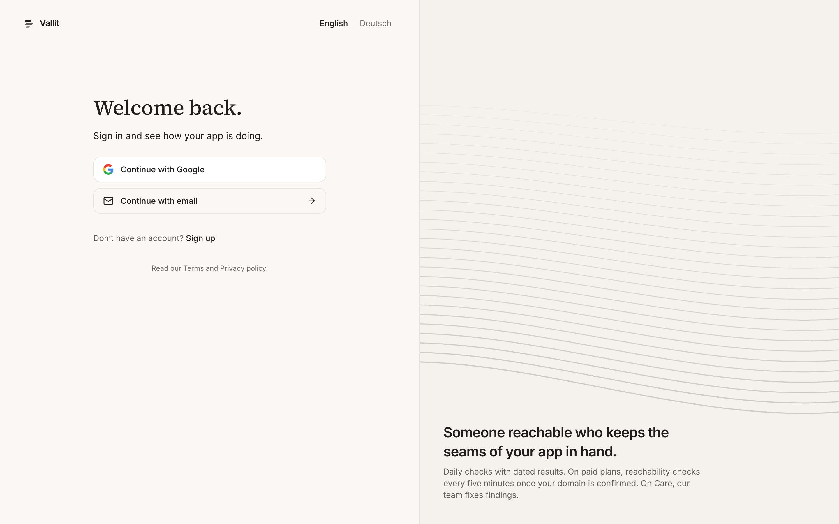 The sign-in page headed Welcome back: a button for each way in, ending with Continue with email (1), and the Sign up link below them.
