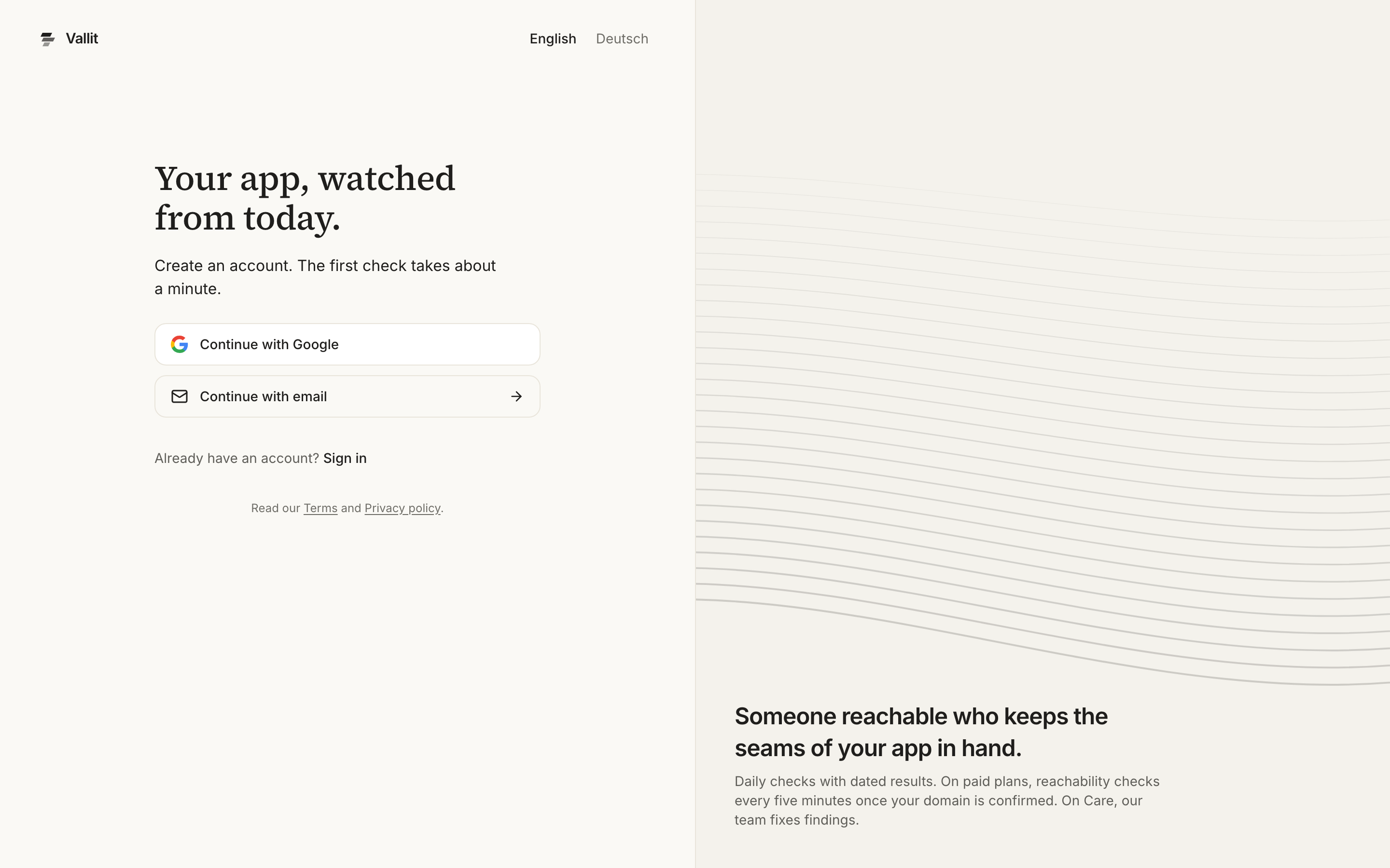 The sign-up page with Continue with Google, the ringed Continue with email button and the Sign in link, under the heading Your app, watched from today.