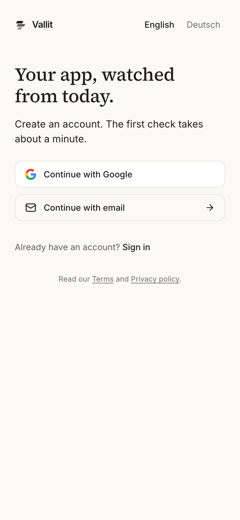 The sign-up page with Continue with Google, the ringed Continue with email button and the Sign in link, under the heading Your app, watched from today. On a phone.