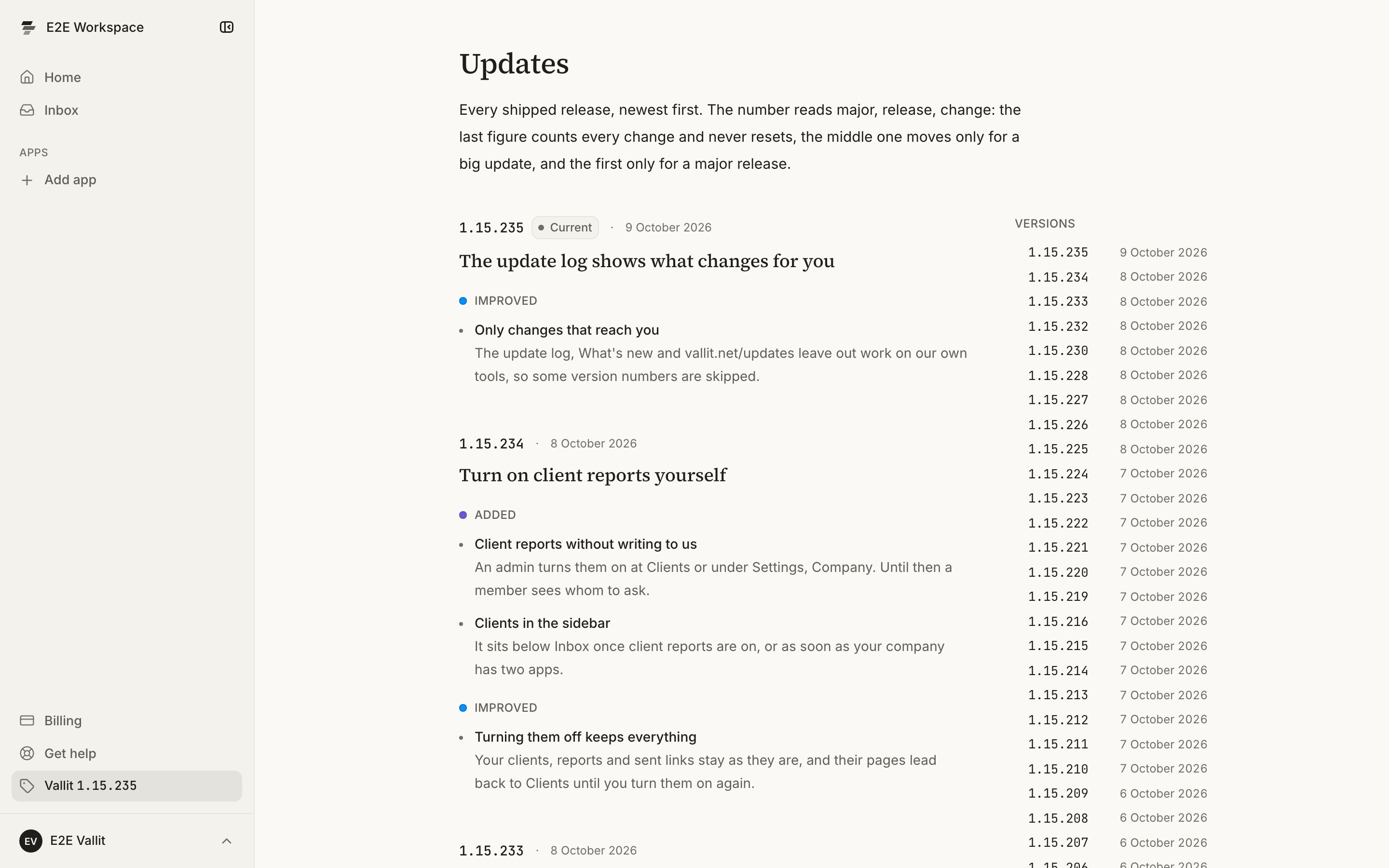 The update log inside the app: the release list, newest first, with the entry of the build you are on at the top (5).