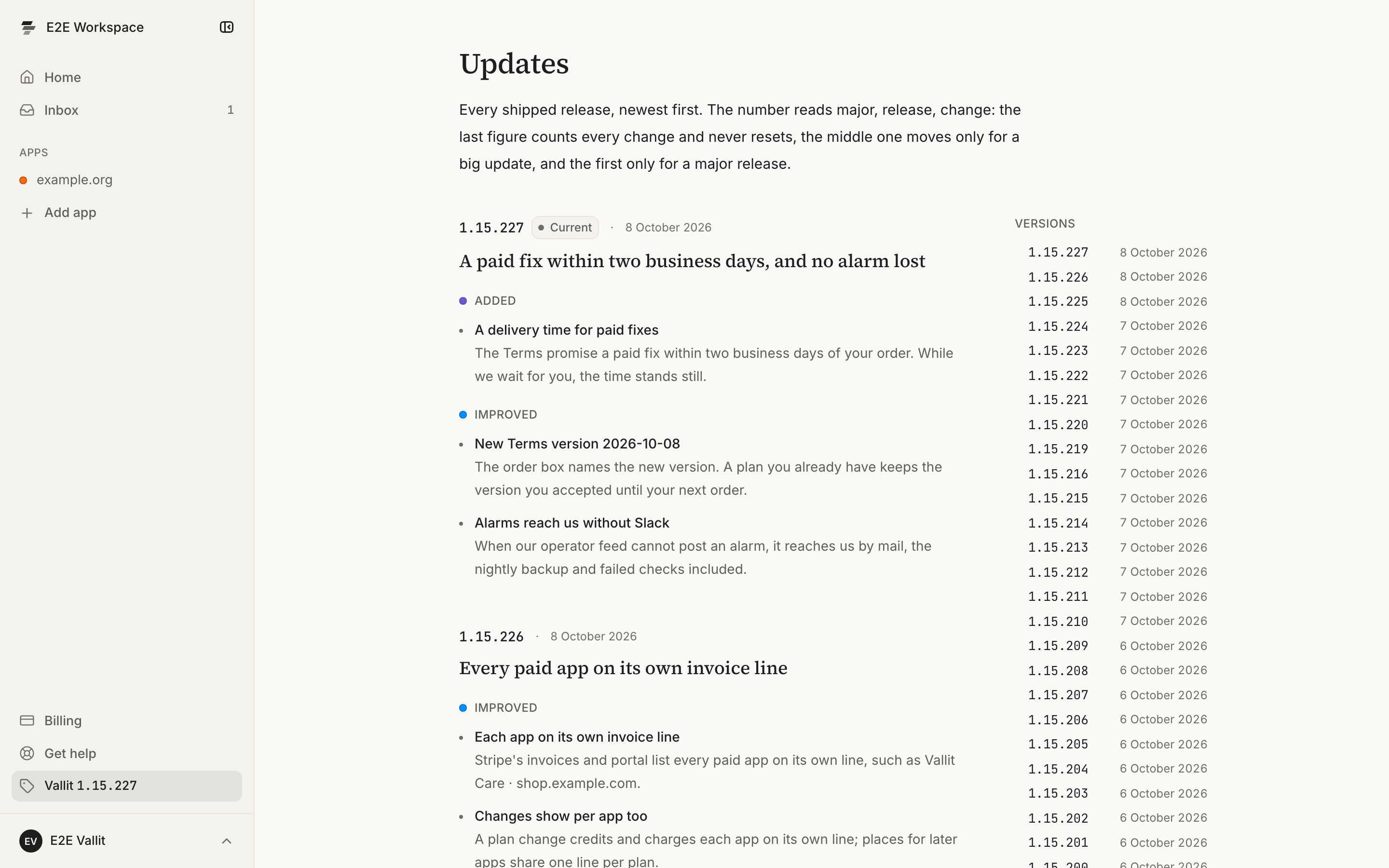 The update log inside the app: the release list, newest first, with the entry of the build you are on at the top (5).