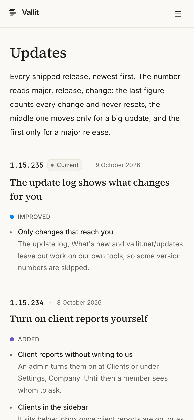 The update log inside the app: the release list, newest first, with the entry of the build you are on at the top (5). On a phone.