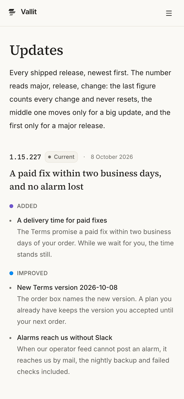 The update log inside the app: the release list, newest first, with the entry of the build you are on at the top (5). On a phone.